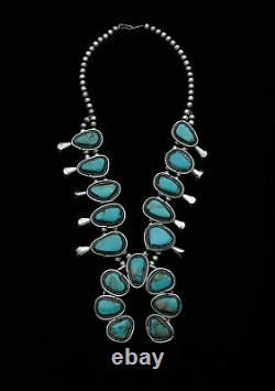 Huge handmade vintage silver and turquoise Squash Blossom Navajo necklace