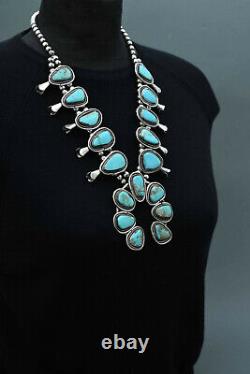 Huge handmade vintage silver and turquoise Squash Blossom Navajo necklace