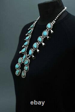 Huge handmade vintage silver and turquoise Squash Blossom Navajo necklace