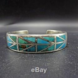 IMHSS Vintage NAVAJO Solid Sterling Silver & TURQUOISE Inlay Cuff BRACELET 46.4g