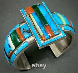 INCREDIBLE Vintage Navajo Silver Turquoise Cornrow Inlay Cuff Bracelet RARE