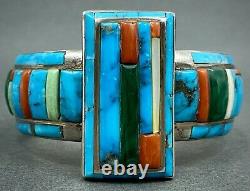 INCREDIBLE Vintage Navajo Silver Turquoise Cornrow Inlay Cuff Bracelet RARE