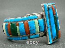 INCREDIBLE Vintage Navajo Silver Turquoise Cornrow Inlay Cuff Bracelet RARE