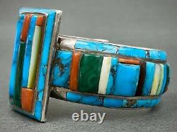 INCREDIBLE Vintage Navajo Silver Turquoise Cornrow Inlay Cuff Bracelet RARE