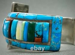 INCREDIBLE Vintage Navajo Silver Turquoise Cornrow Inlay Cuff Bracelet RARE