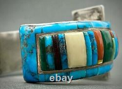 INCREDIBLE Vintage Navajo Silver Turquoise Cornrow Inlay Cuff Bracelet RARE