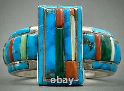 INCREDIBLE Vintage Navajo Silver Turquoise Cornrow Inlay Cuff Bracelet RARE