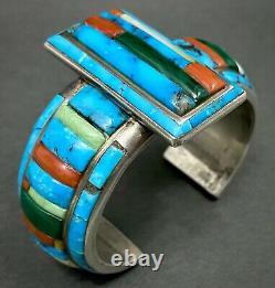 INCREDIBLE Vintage Navajo Silver Turquoise Cornrow Inlay Cuff Bracelet RARE