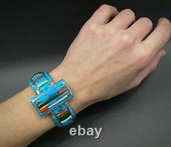 INCREDIBLE Vintage Navajo Silver Turquoise Cornrow Inlay Cuff Bracelet RARE