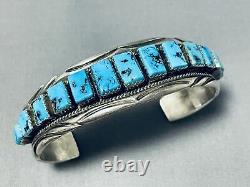 Important Hand Cut Squared Turquoise Vintage Navajo Sterling Silver Bracelet