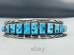 Important Hand Cut Squared Turquoise Vintage Navajo Sterling Silver Bracelet