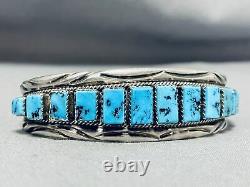 Important Hand Cut Squared Turquoise Vintage Navajo Sterling Silver Bracelet