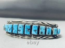 Important Hand Cut Squared Turquoise Vintage Navajo Sterling Silver Bracelet