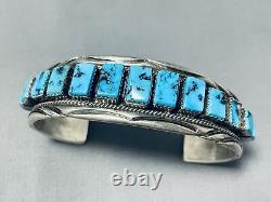 Important Hand Cut Squared Turquoise Vintage Navajo Sterling Silver Bracelet