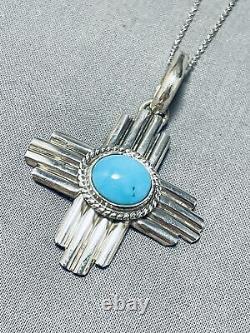 Important Rob Yelowhorse Vintage Navajo Turquoise Cross Sterling Silver Necklace