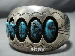 Important Vintage Navajo 3d Cuff Sterling Silver Blue Turquoise Bracelet Old
