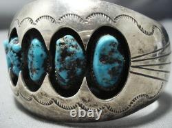 Important Vintage Navajo 3d Cuff Sterling Silver Blue Turquoise Bracelet Old