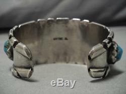 Important Vintage Zuni Chunky Turquoisd Heavy Sterling Silver Bracelet Old