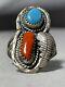 Impressive Vintage Navajo Turquoise Coral Sterling Silver Ring