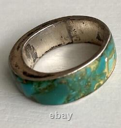 Impressive Vintage Navajo Turquoise Inlay Sterling Silver Ring Old