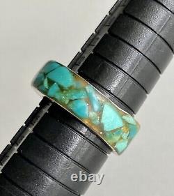 Impressive Vintage Navajo Turquoise Inlay Sterling Silver Ring Old