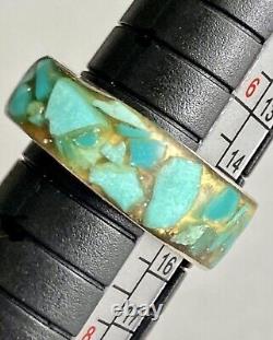 Impressive Vintage Navajo Turquoise Inlay Sterling Silver Ring Old