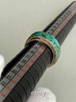 Impressive Vintage Navajo Turquoise Inlay Sterling Silver Ring Old