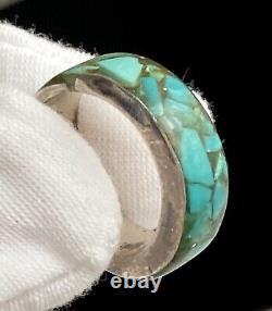 Impressive Vintage Navajo Turquoise Inlay Sterling Silver Ring Old