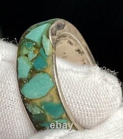 Impressive Vintage Navajo Turquoise Inlay Sterling Silver Ring Old