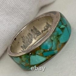 Impressive Vintage Navajo Turquoise Inlay Sterling Silver Ring Old