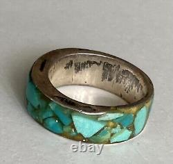 Impressive Vintage Navajo Turquoise Inlay Sterling Silver Ring Old