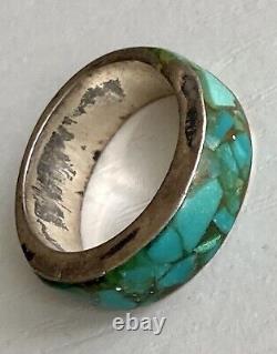 Impressive Vintage Navajo Turquoise Inlay Sterling Silver Ring Old