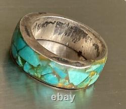 Impressive Vintage Navajo Turquoise Inlay Sterling Silver Ring Old