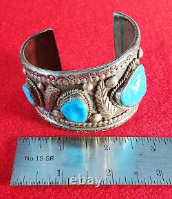 Impressive Vintage Navajo Turquoise & Sterling Silver Cuff Bracelet Nice