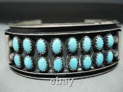 Incredible Double Row Vintage Navajo Turquoise Sterling Silver Bracelet