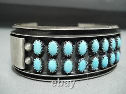 Incredible Double Row Vintage Navajo Turquoise Sterling Silver Bracelet