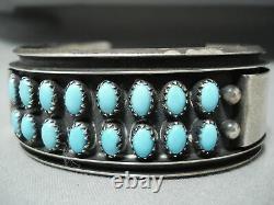 Incredible Double Row Vintage Navajo Turquoise Sterling Silver Bracelet