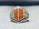 Intricate Vintage Navajo Coral Turquoise Sterling Silver Ring Old