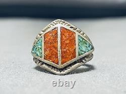 Intricate Vintage Navajo Coral Turquoise Sterling Silver Ring Old