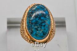 Jack Adakai Navajo Vintage Unisex 14K Yellow Gold & Turquoise Ring Size 7.75
