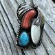 KJ Navajo Vintage Ring Turquoise Coral MOP Sterling Silver Statement Size 7.5