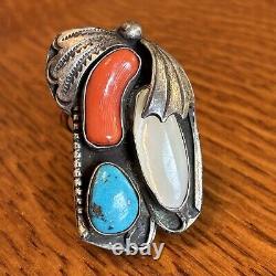 KJ Navajo Vintage Ring Turquoise Coral MOP Sterling Silver Statement Size 7.5