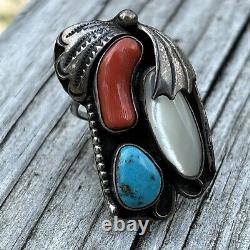 KJ Navajo Vintage Ring Turquoise Coral MOP Sterling Silver Statement Size 7.5