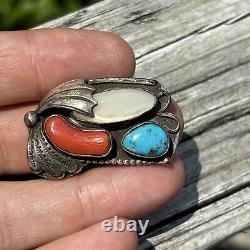 KJ Navajo Vintage Ring Turquoise Coral MOP Sterling Silver Statement Size 7.5