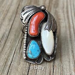 KJ Navajo Vintage Ring Turquoise Coral MOP Sterling Silver Statement Size 7.5