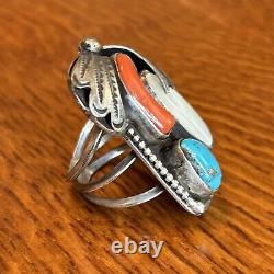 KJ Navajo Vintage Ring Turquoise Coral MOP Sterling Silver Statement Size 7.5