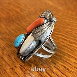 KJ Navajo Vintage Ring Turquoise Coral MOP Sterling Silver Statement Size 7.5