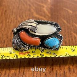 KJ Navajo Vintage Ring Turquoise Coral MOP Sterling Silver Statement Size 7.5