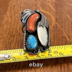 KJ Navajo Vintage Ring Turquoise Coral MOP Sterling Silver Statement Size 7.5