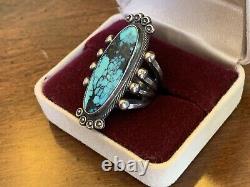 LARGE NAVAJO Spiderweb Turquoise STERLING SILVER RING Size 6 OLD PAWN VINTAGE